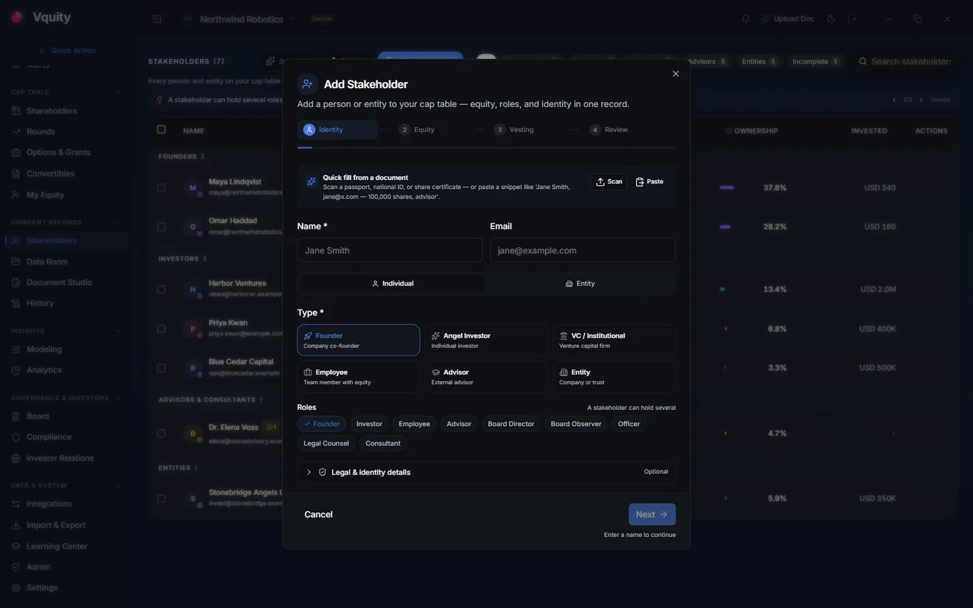 Add-stakeholder wizard with guided steps