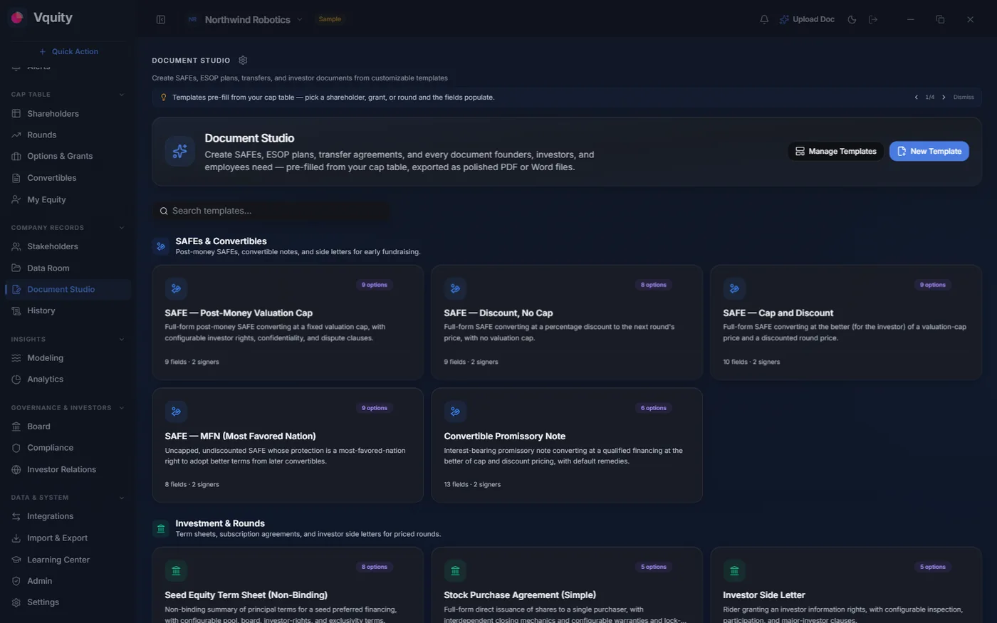 Contract Studio template gallery with legal templates