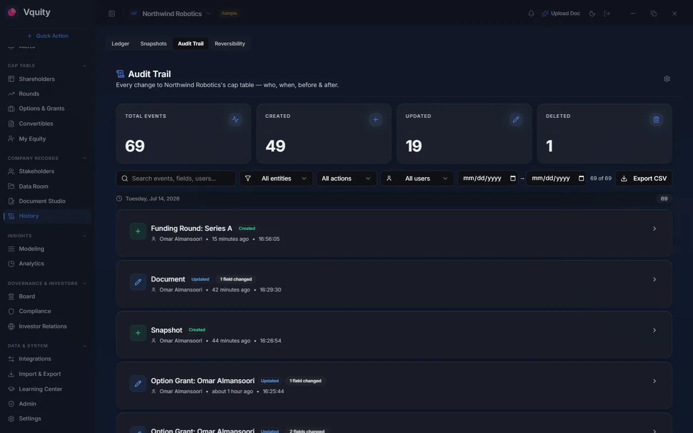 Audit trail listing every change with actor and timestamp