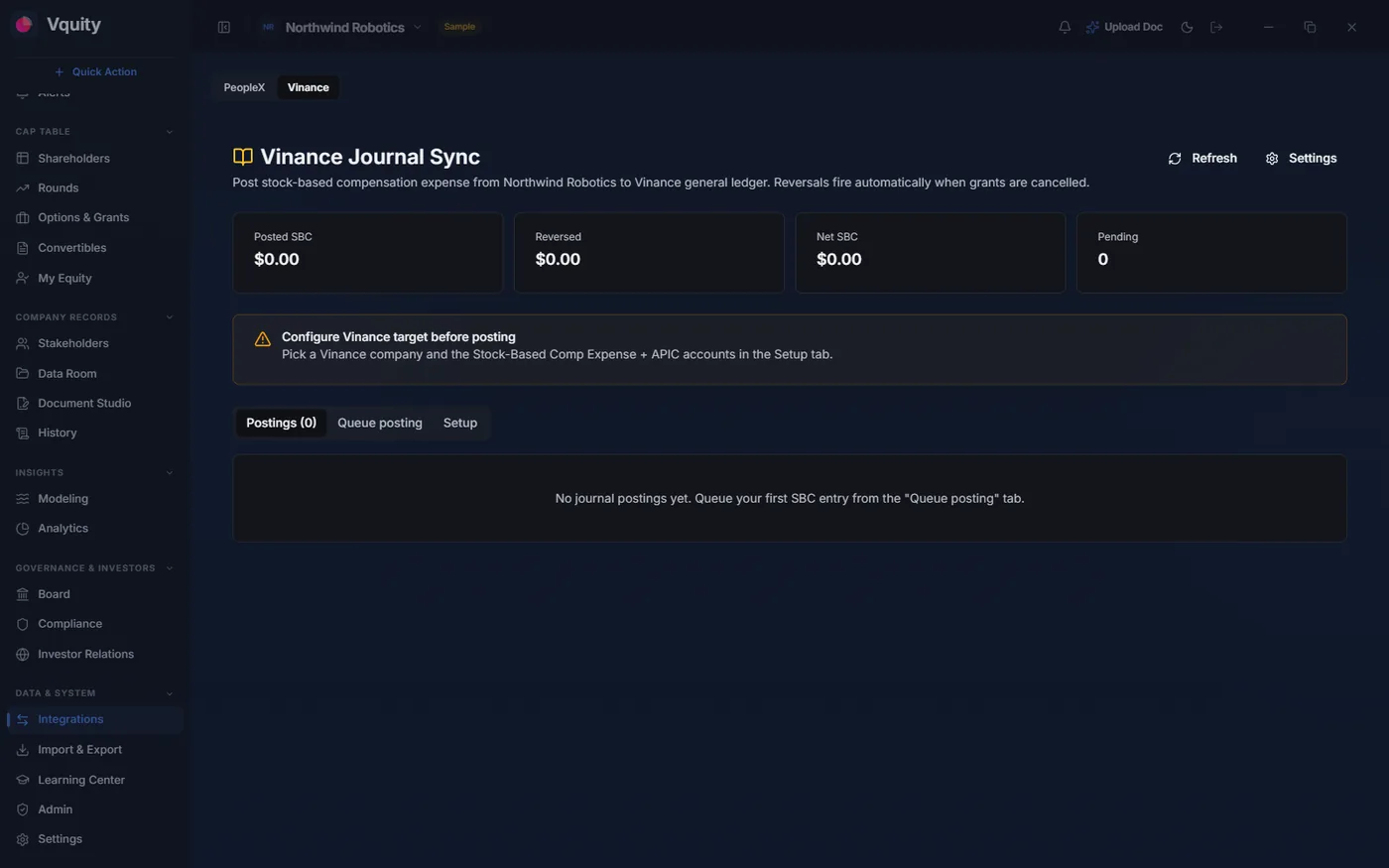 Vinance accounting sync posting stock-comp expense to the general ledger