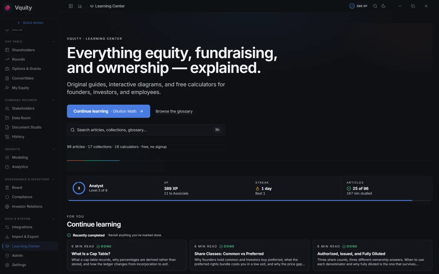 Learning Center with structured equity courses